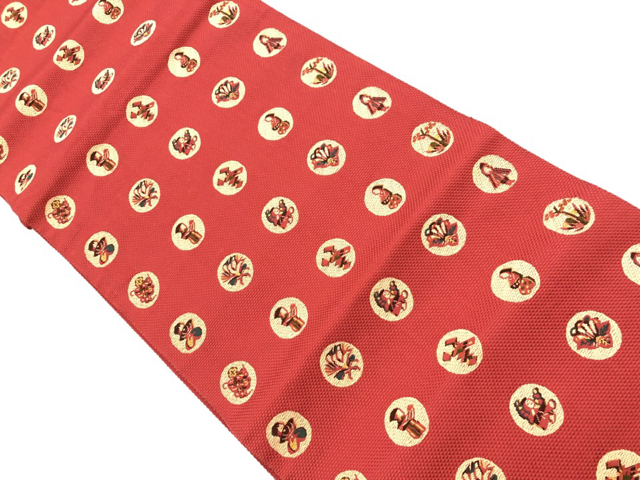 リサイクル　丸に抽象人物・草花模様織出し名古屋帯